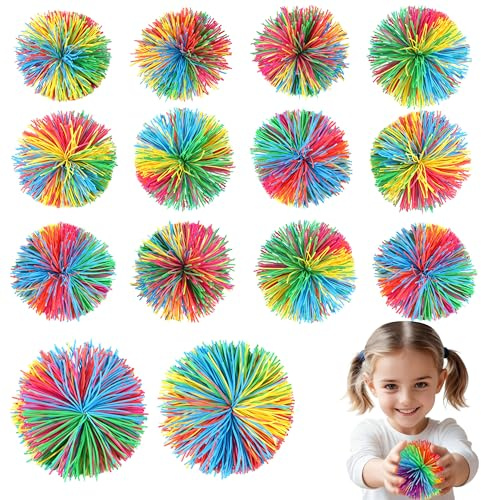 Stringy Balls 16 Stück Wuschelball, Sensory Fidget Stringy Balls | Rainbow Squeeze Ball, Regenbogenball Kinder Soft Rainbow Pom Bouncy für Kindergeburtstag Familienspiele Party