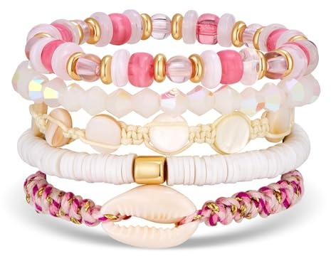 WOWORAMA 5 Teiliges Mehrlagiges Surfer Armband Set für Damen Mehrlagig Stapelbar Dehnbare Perlenarmbänder Stapelbar Boho Verstellbar Sommer Hawaii Muschelarmband