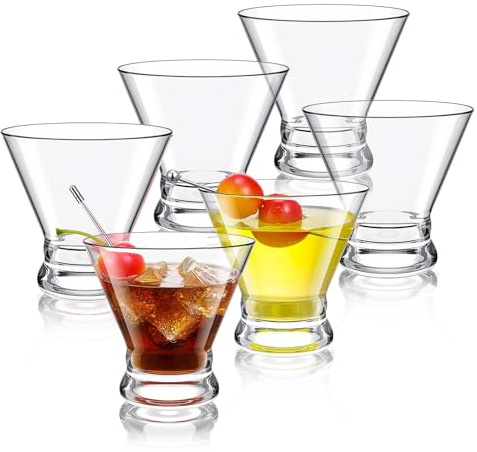 YBCPACK Stemless Martini Glasses Set of 6, 8oz Cocktail Glasses- Heavy Base | Dishwasher Safe Clear Margarita Glasses for Margarita, Brandy, Drinks