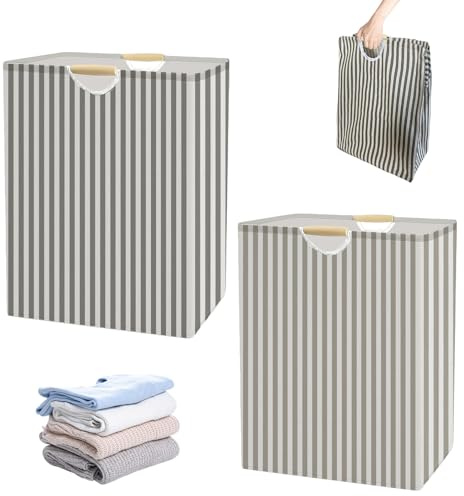 2 Stück Wäschesammler 60L, Wäschekörbe 40x27x53cm Wäschekorb Stoff Faltbarer Wäschesammler Wäschebox Wäschesack mit Henkel Holzgriff für Schlafzimmer Bad Kinderzimmer Schlafsaal