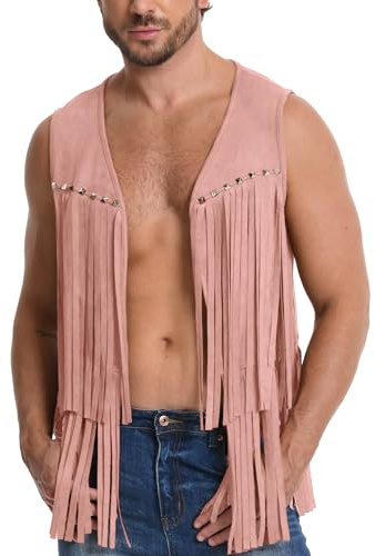 AIEOE Gilet de cowboy vintage avec franges, pour homme, hippie, sans manches, aspect daim, tenue de carnaval, carnaval, rose, taille L