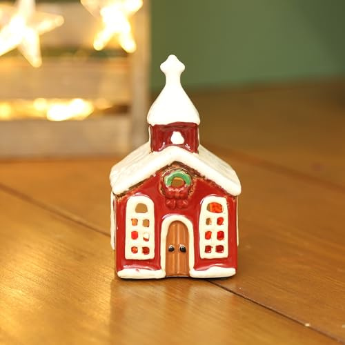 Ceramic Christmas Church Tealight Holder Cottage Village Pottery Snowy Scene Ornament Xmas