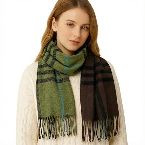 KARMA.DIEM Premium Schal – Cashmere Merino Touch – Luxuriös Weich & Warm – Braun Kariert – 180x65 cm Unisex Pashmina Stola für Damen & Herren