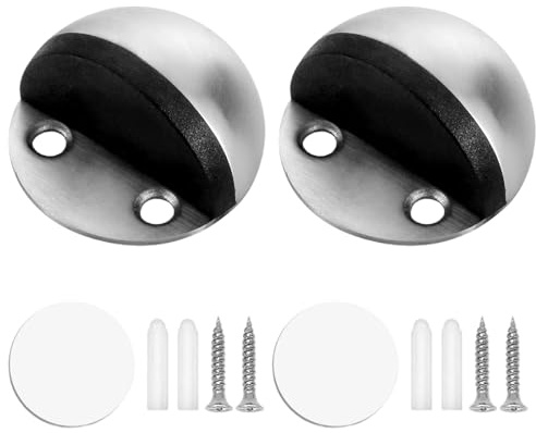 2 Pieces Stainless Steel Door Stopper, Floor Door Stopper, Sound Dampening Rubber Buffer, Floor Mounted with Screws or Self Adhesive Pads, DIY, Silver