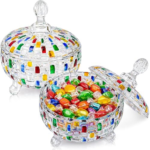 2 Pcs Crystal Glass Candy Bowls with Lids, 680 ml Colorful Sweets Jars | Clear Vintage Buffet Dish Containers for Wedding Food Storage Home Kitchen Decorative Jewelry Oats Fruit Snack Biscuit