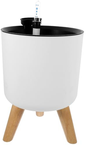 VINTORKY Pot de Fleurs Décoratif en Plastique Blanc Moyen avec Pieds en Bois et Indicateur de Niveau d'eau, Jardinière Réutilisable pour Intérieur et Extérieur, Pot de Plantation pour