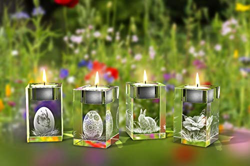 GLASFOTO.COM, Ostern 4er Teelichthalterset, 50 x 80 x 50 mm, Kristallglas 3D Innengravur in Premiumqualität (50 x 80 x 50 mm Osterteelichtset 2)