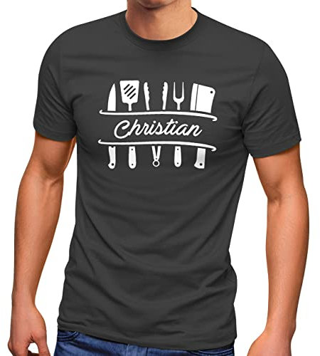 MoonWorks® Herren T-Shirt Grillen personalisiert eigener Name Grillbesteck Geburtstag Geschenk für Männer anthrazit L