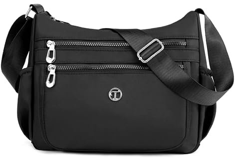 FORRICA Casual Sac Bandoulière Femmes Grand Sac Messager Multipoches Nylon Léger Sac Porte Epaule Noir