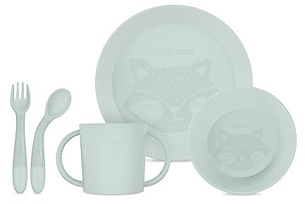Miniland Meal Set Round Candy. Vajilla redonda que incluye plato, bol, vaso y cubiertos flexibles, fabricada en España con material de alta resistencia y diseñada para todos los niños.