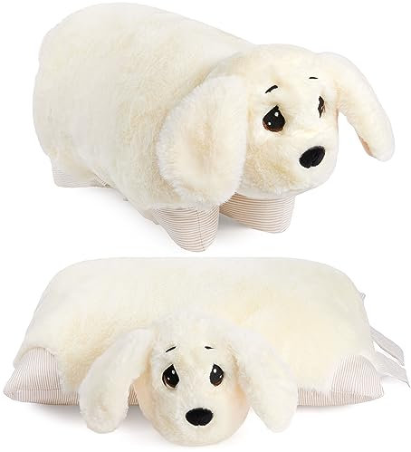 BRUBAKER Kuscheltier-Kissen Hund - 2 in 1 Plüschtier und Kuschelkissen - 40 x 30 cm Kuschelhund - aufklappbares Kinder Plüschkissen mit Klettverschluss - Tierkissen Hundekissen Stofftier - Weiß