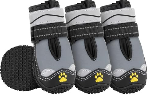Eyein Hundeschuhe Pfotenschutz, 4 Stück Wasserabweisend Hundeschuhe mit Rutschfester Sohle und reflektierendem Klettverschluss für kleine, mittlere und große Hunde, Sport im Freien, Grau, Größe 5
