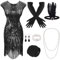 PLULON 1920er-Jahre-Pailletten-Perlen-Flapper-Kleid mit 20er-Jahre-Accessoires-Set (Schwarz)