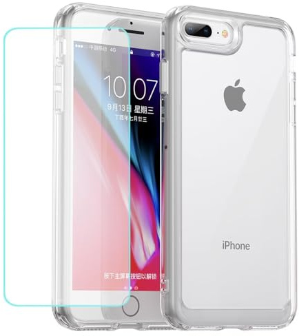 Wanyuexes Case for iPhone 7 Plus/iPhone 8 Plus Case with Tempered Glass Screen Protector, Anti Yellowing Clear Hard PC Back & Soft TPU Bumper Protective Phone Cover for iPhone 8 Plus Crystal Clear