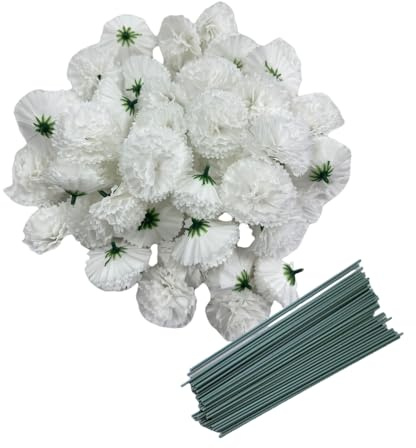 Rikyo 50 künstliche Seidennelköpfe, 5,1 cm Blütenblätter mit 20,3 cm Stielen, weiß, Ringelblume, natürlich, realistisch, Hochzeit, Diwali, Heimdekoration