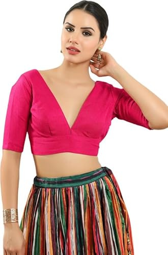 Dupion Silk Solid Non Padded Saree Blouse Top V-Neck Short Sleeves Hook and Eye Closure and Tie-Up Back Choli