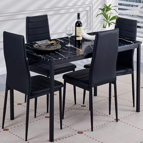 DZOVAD Dining Table and Chairs Set 4, Modern MDF Dining Table and 4 Faux Leather Chairs, 5 Piece Set (Black, 5 Piece Set-R)