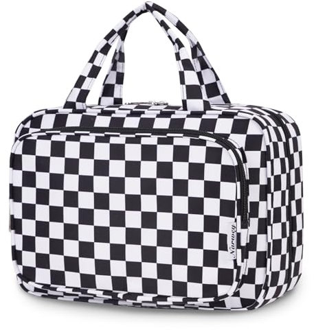 Narwey Kulturbeutel Damen Kulturtasche zum Aufhängen Waschtasche Kosmetiktasche Groß Waschbeutel Kosmetik-Organizer für Damen Mädchen(Schwarzes Schachbrett(Groß))