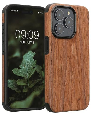 kwmobile Custodia morbida compatibile con Apple iPhone 15 Pro - in silicone TPU e legno - Back Cover ibrida per cellulare - Venature marrone