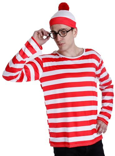 Carnavalife Disfraz Wally con gafa y gorro donde esta waldo disfraz hombre mujer unisex Carnaval Halloween Veneciana Gondola (L/XL, Hombre)