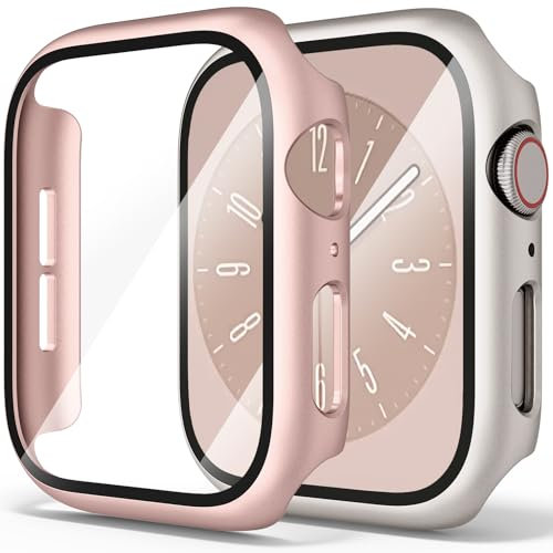 Amzpas 【2 PEZZI】 Cover per Apple Watch Series 6/ Series 5/ Series 4/SE 44mm Con Vetro Temperato 44mm (Luce stellare+Oro rosa)