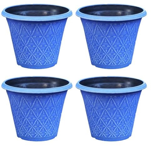 Fyne-Finds Set of 4 Round 30cm, 12inch Garden Plastic Material Plant Pot Marine Blue Outdoor Planter Decorative Cover, Drainage Holes, Weather, Frost Proof