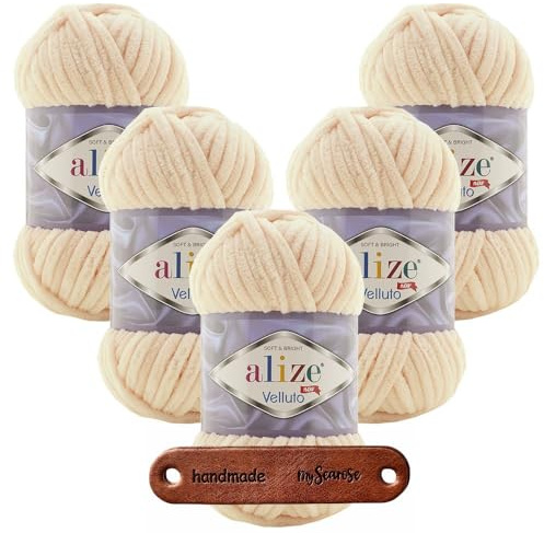 ALIZE 5 x 100g Velluto 310 Honey Premium Wolle Chenillegarn kuschelweich Amigurumi Plüschtiere Bulky Babywolle Filzwolle Samtwolle mit mySearose Label