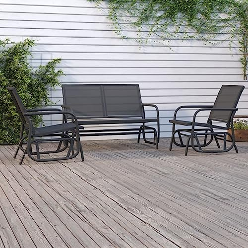 3-tlg. Garten-Lounge-Set Schaukel Schwarz aus Stahl und Textilene mit 2 Garten-Schaukelstühlen und 1 Schaukelbank für Terrasse, Veranda und Außenbereich zum Entspannen und Relaxen