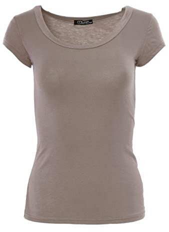 Easy Young Fashion - Damen Basic Rundhals T-Shirt - Kurzarm Unterziehshirt Skinny Fit 1001 - Hellbraun S