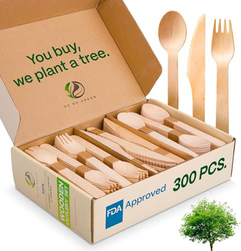 Set di utensili usa e getta in legno – ecologico, biodegradabile, compostabile, 120 forchette in legno, 90 coltelli in legno, 90 cucchiai di legno, 300 pezzi Go, set di utensili usa e getta, verde