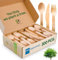 Set di utensili usa e getta in legno – ecologico, biodegradabile, compostabile, 120 forchette in legno, 90 coltelli in legno, 90 cucchiai di legno, 300 pezzi Go, set di utensili usa e getta, verde