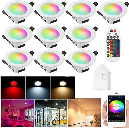 WLAN Bluetooth 5W LED Einbaustrahler RGBW+CCT 5 in 1 Einbauleuchte Spot Dimmbar 230 Volt Einbauleuchten mit Bluetooth Fernbedienung,BT Mesh Smart Bridge,10er Set
