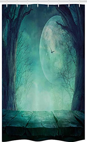 ABAKUHAUS Halloween Rideau de Douche Stalle, Spooky Forêt Halloween, Ensemble de Salle de Bain en Tissu en Crochets, 120 x 180 cm, Teal
