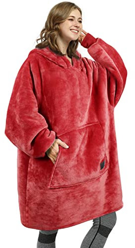Oversized Hoodie Blanket, Warm Gifts for Women, Cosy Sherpa Sweatshirt, Soft Wearable Fleece Blanket, Giant Hoody Sweater with Front Pocket Adults Men Friends Red