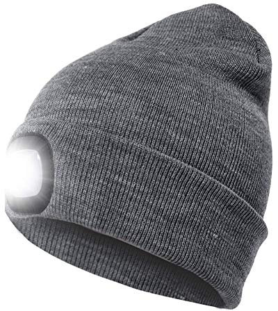 RFWIN LED Beanie Hat, Bright Rechargeable Headlamp Cap, Unisex Lighted Winter Knit Hat for Hunting, Camping, Grilling, Running, Walking Grey