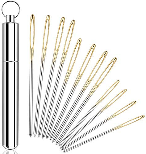 12 Pieces Large Eye Blunt Sewing Needles Tapestry Stainless Steel Yarn Knitting Needles Embroidery Hand Sewing Needles with Aluminum Needle Storage Tube