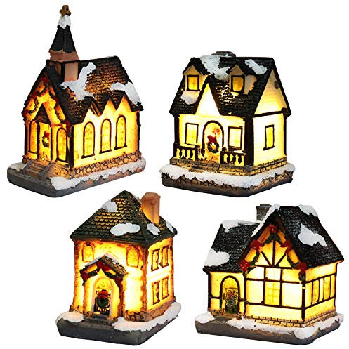 Weihnachtsdorf Mit Beleuchtung, Weihnachtslaterne Led, Weihnachtsdeko Amerikanisch Lichterkette Weihnachten Basteln Batteriebetrieben (4pc Set, 4 * 6.5 * 9cm)