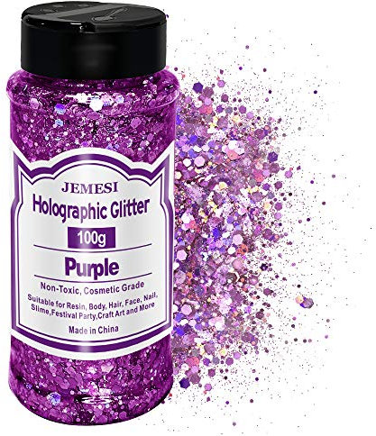 Paillettes Olografiche Glitter Grosso, JEMESI 100g Viola Olografiche Chunky Paillettes Glitter Unghie per Viso, Corpo, Occhi, Capelli, Unghie e Arte Fai da te
