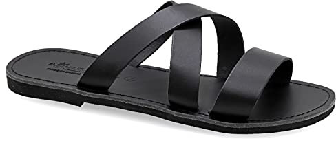 41 Schwarz Emmanuela Altgriechische Ledersandalen für Herren, Hochwertige handgefertigte Herren Sandalen mit offenen Zehen, Slide Summer Schuhe, Slide Riemchensandalen