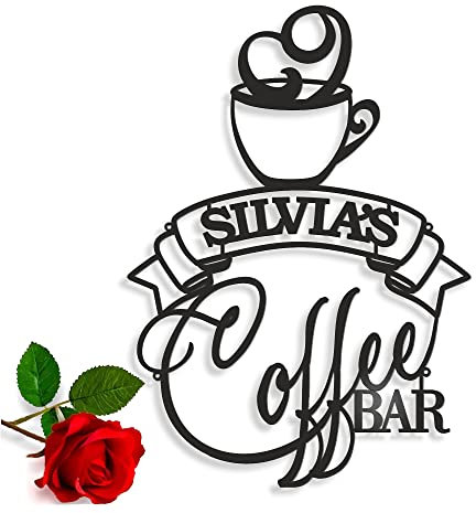 Personalised Coffee Bar Metal Name Sign Custom Laser Cut Cup Coffee Housewarming Gift for Mom, Grandma, Coffee Lover Metal Wall Art Home Decor Kitchen Sign Wall Decorations Coffee Station Wall Hanging
