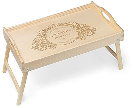 Maverton Serviertablett mit Gravur - personalisiert - Tabletttisch mit Griffen - klappbare Beine - erhöhter Rand - Geburtstagsgeschenk für Frauen - Einzugsgeschenke - Hellbraun - Ornament