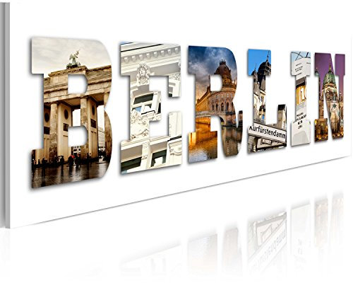 B&D XXL - Wandbilder XXL Berlin 90x30 cm 1 tlg - Wand Deko Vlies Leinwand Bilder Groß Wanddeko Wohnzimmer Schlafzimmer Kunstdrucke Panoramabild - Stadt Denkmale Architektur Aufschrift