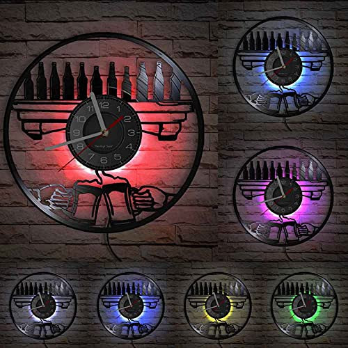 Wwbqcl Wine Gramophone Record Wall Clock Wine Bottles Beer Cups Cheers Luminous Timepiece Bar Club Pub Art-Wall Decor Led Light With Led