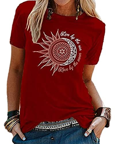 Baynetin T-Shirts Femme à Manches Courtes Imprimé Soleil Et Lune,T-Shirt Haut Dames Décontractées Col Rond Chemise (Vin Rouge, XL)