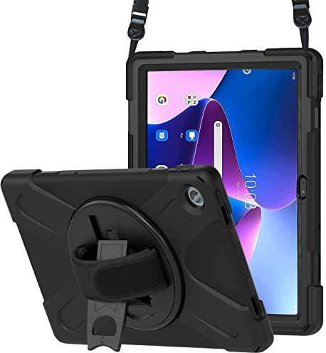 ProCase Hart Hülle für 10,6 Zoll Lenovo Tab M10 Plus 3rd Gen 26,9 cm (2000x1200, 2K Display) 2022 Case Stoßfest Schutzhülle mit Handschlaufe drehbar Kickstand Robust Heavy Duty Hybrid Cover -Schwarz
