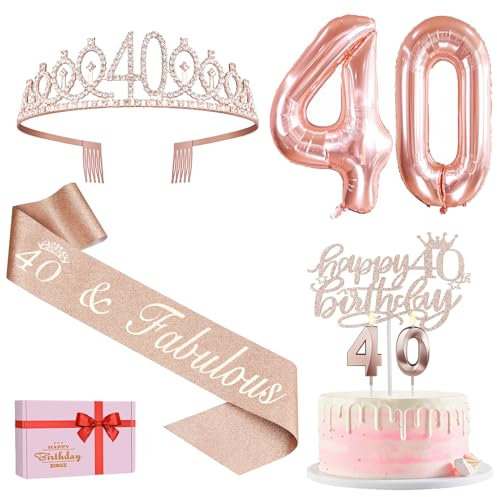 40th Birthday Decorations for Women, Including 40th Birthday Sash and Tiara, Cake Topper and Candles, Rose Gold Number Balloons, 40 Year Old Gifts for Women
