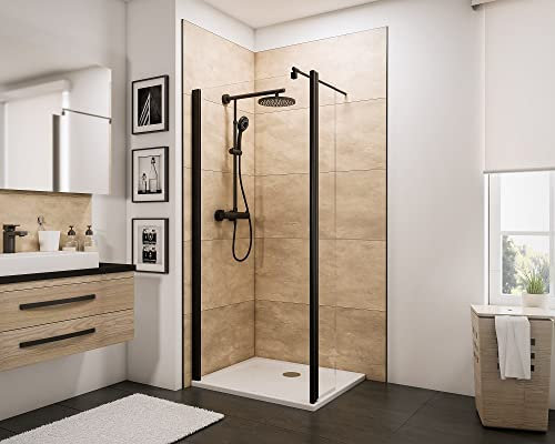 Schulte paroi de douche fixe à l'italienne 120 x 190 cm, déflecteur 30 cm pivotant 180°, barre de stabilisation 122 cm incluse, profilé noir, verre de sécurité 6 mm antical, réglage 120.0-121.8 cm