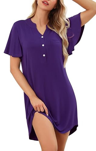 Wikoan Chemise de Nuit Femme Nuisette en Modal Col V Couleur Unie Chemises de Nuit Été Femmes Manches Courtes Vêtements de Nuit Violet M