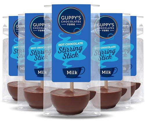 Guppy's Chocolates York | Milk Hot Chocolate Stirrers | 5 Pack | 32gram Cup Shaped Drinking Chocolate Sticks Spoons | Individually Packaged