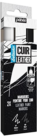 PEBEO - Setacolor Cuero - Rotuladores acrílicos para cuero y polipiel - Personalización de bolsos, zapatos, zapatillas - Resistentes a arañazos, arrugas, roces - Punta extrafina - Blanco y negro